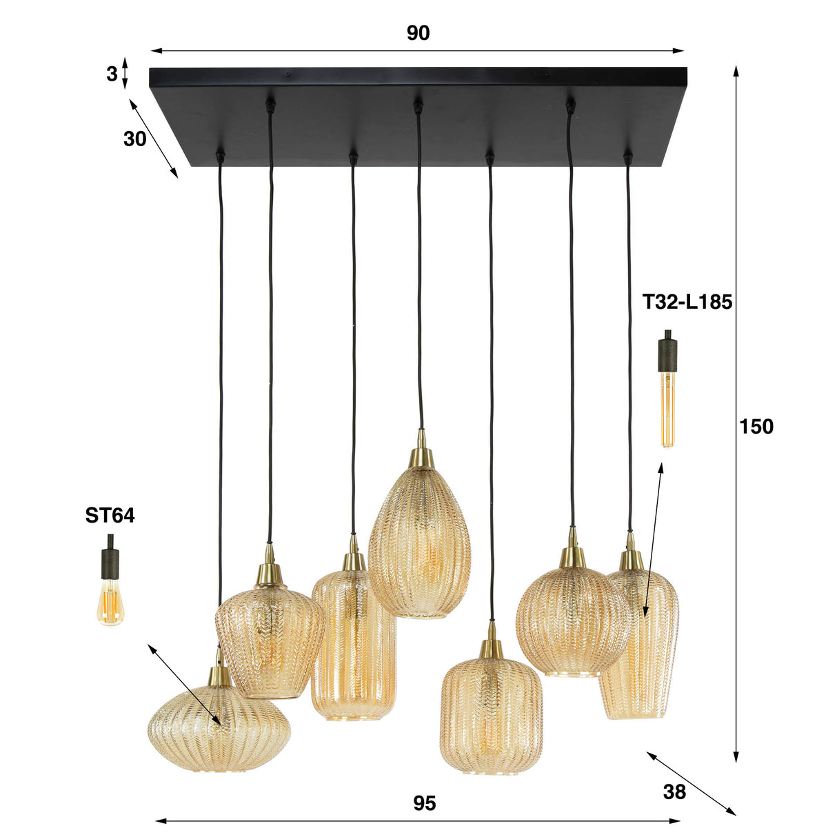 Hanglamp Olaf DH Interior Amber color glas LxBxH 96x47x46 Amber color glas Witfoto maatindicatie
