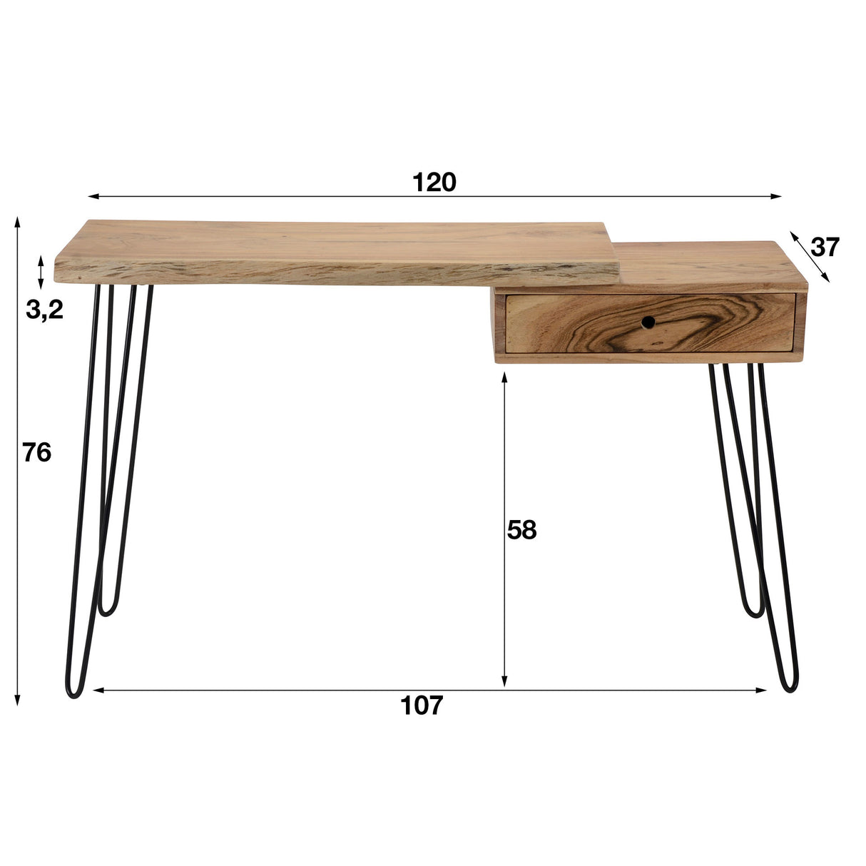 Kaptafel Aberdeen DH Interior Acacia LxBxH 123x40x20 Acaciahout Witfoto maatindicatie