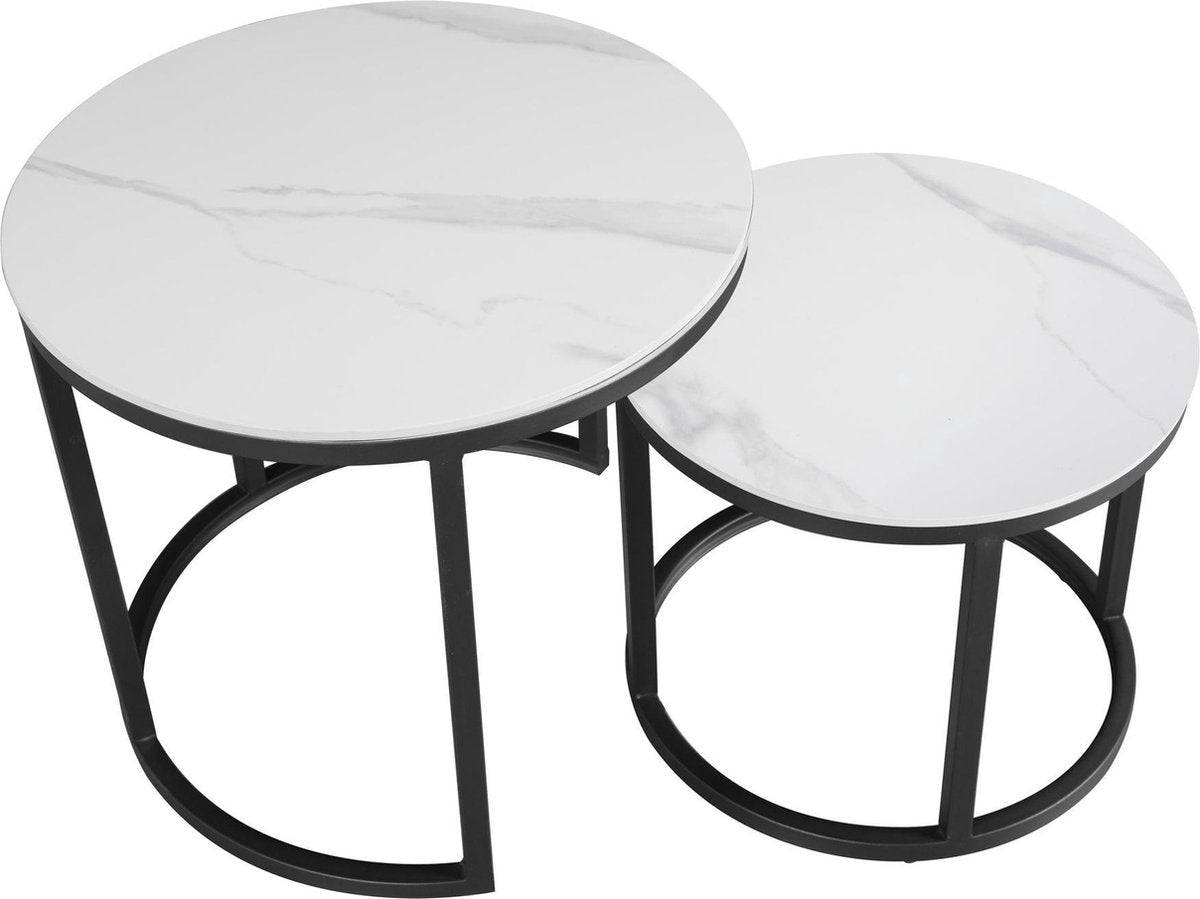 Ronde Salontafel Set van 2 Sintered Stone Marmerlook Paige Wit