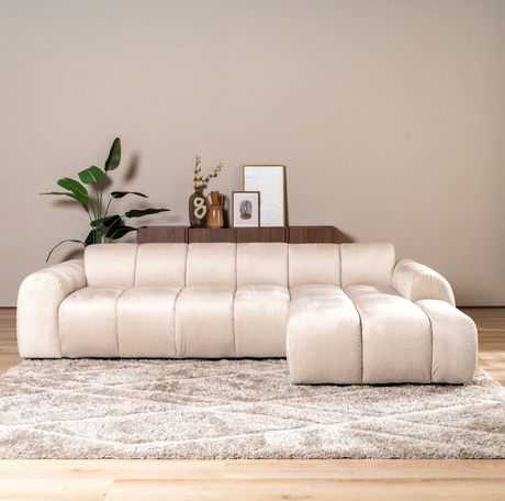 Hoekbank met lounge beige velvet structuurstof - strepen - rechts - Brix