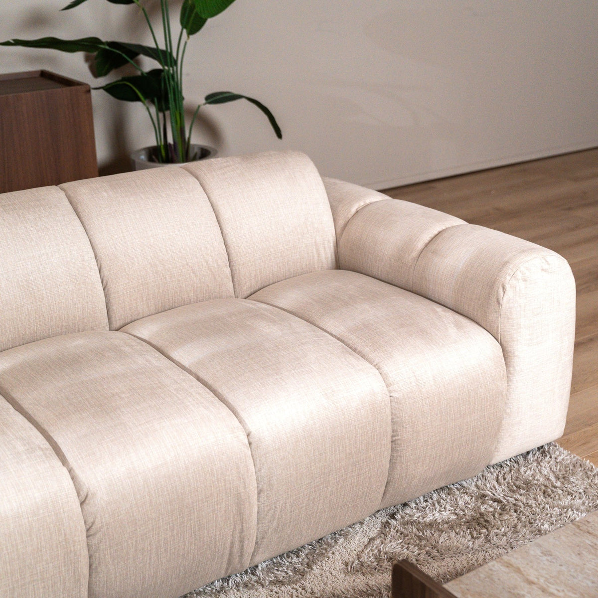 Banken-Hoekbank met lounge beige velvet structuurstof - strepen - links - Brix-Dimehouse