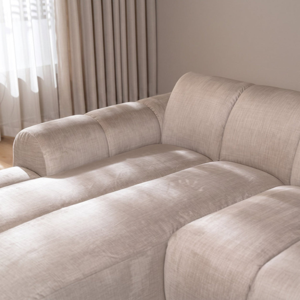Banken-Hoekbank met lounge beige velvet structuurstof - strepen - links - Brix-Dimehouse