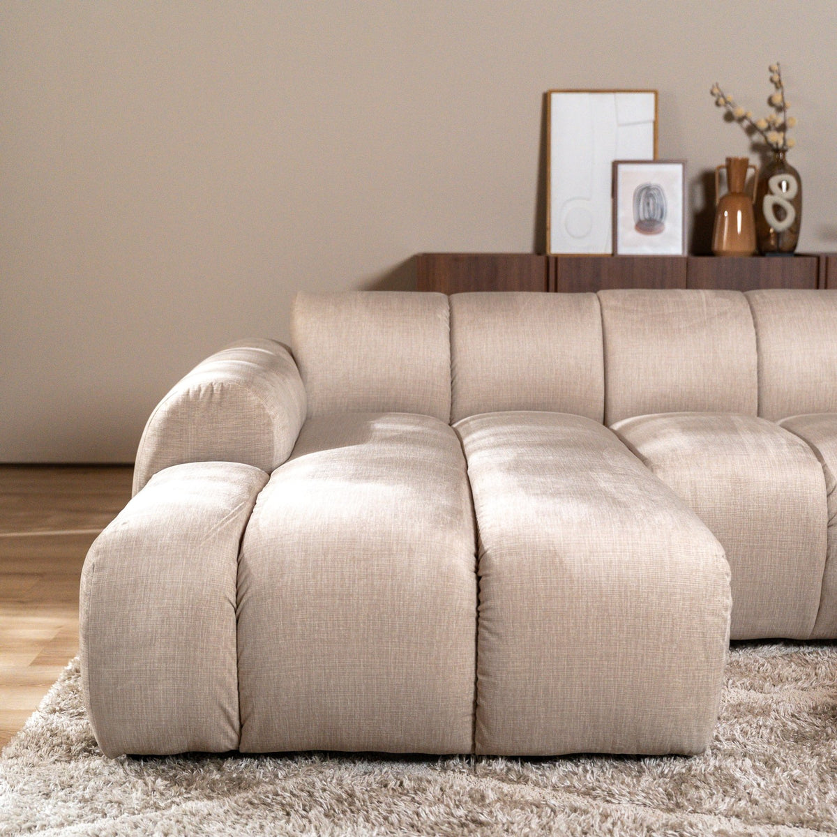 Banken-Hoekbank met lounge beige velvet structuurstof - strepen - links - Brix-Dimehouse