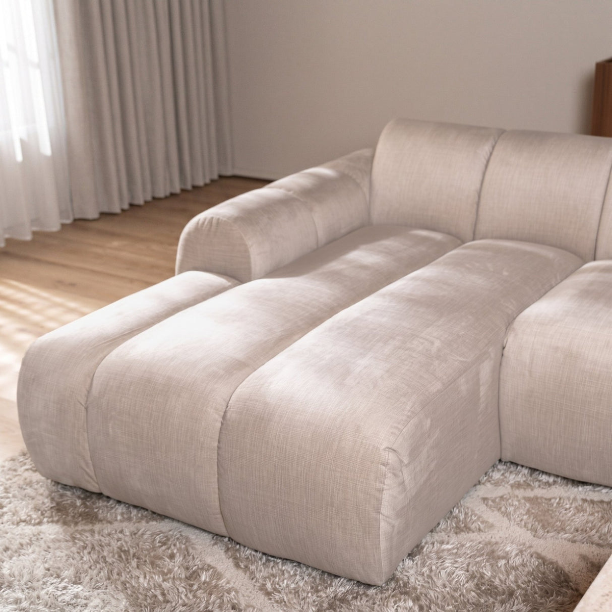 Banken-Hoekbank met lounge beige velvet structuurstof - strepen - links - Brix-Dimehouse