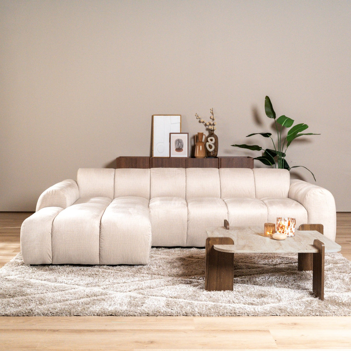 Banken-Hoekbank met lounge beige velvet structuurstof - strepen - links - Brix-Dimehouse