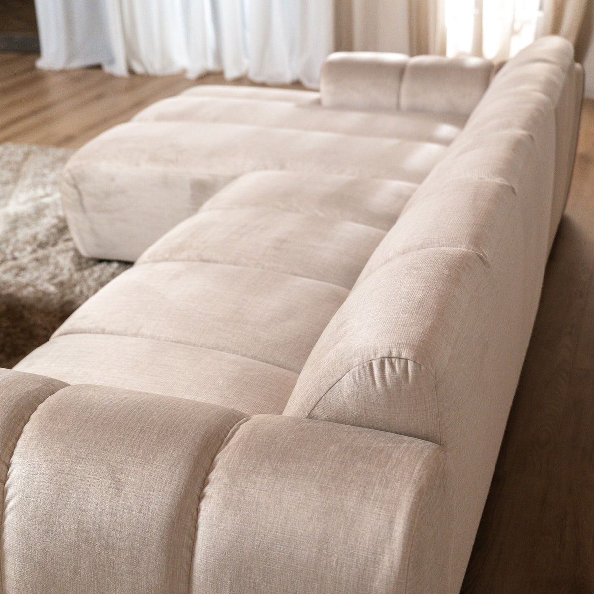 Banken-Hoekbank met lounge beige velvet structuurstof - strepen - links - Brix-Dimehouse