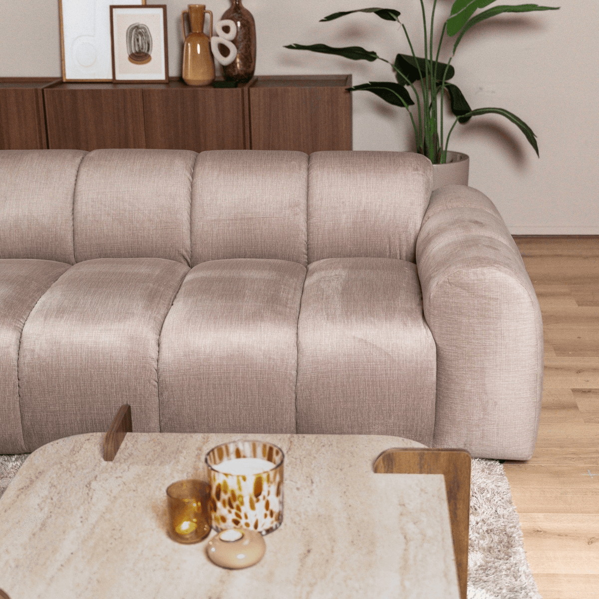 Banken-Hoekbank met lounge zand velvet structuurstof - strepen - links - Brix-Dimehouse