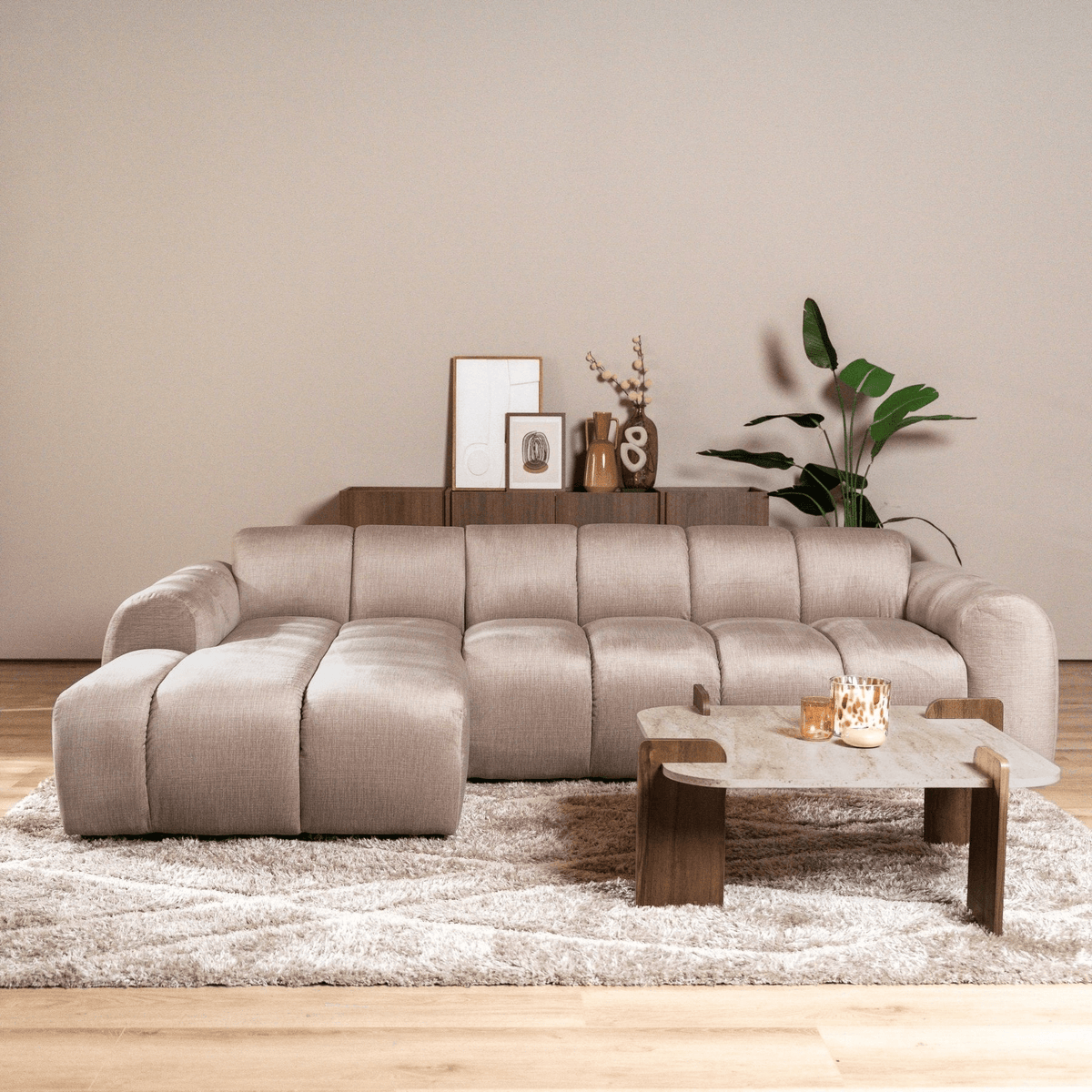 Banken-Hoekbank met lounge zand velvet structuurstof - strepen - links - Brix-Dimehouse