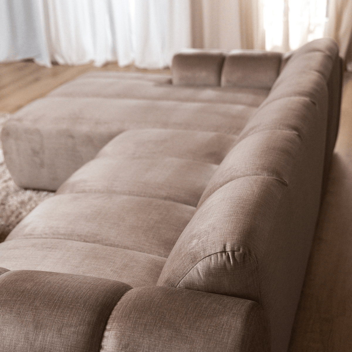 Banken-Hoekbank met lounge zand velvet structuurstof - strepen - links - Brix-Dimehouse