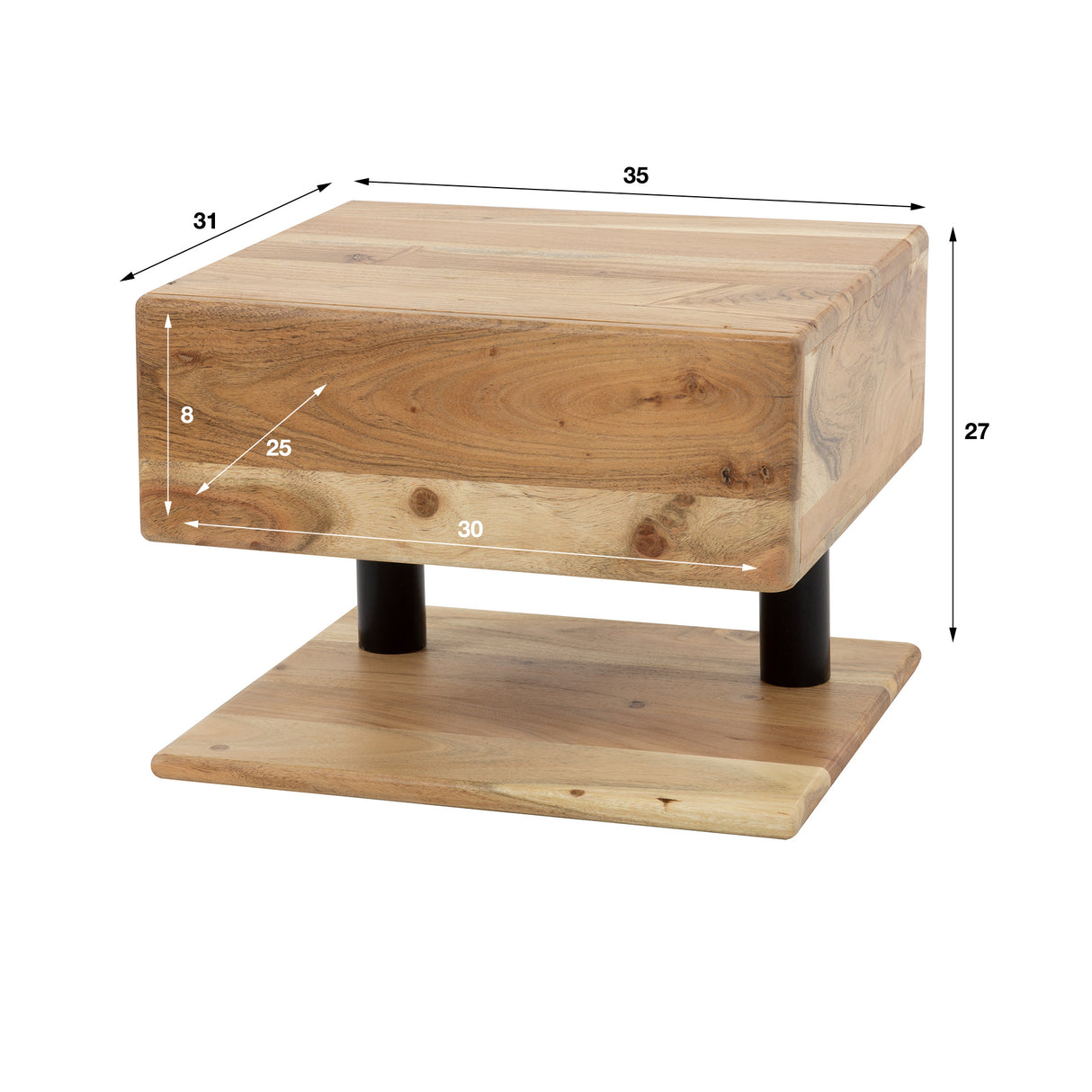 Nachtkastje Ian DH Interior Acacia LxBxH 35x32x30 Acaciahout Witfoto maatindicatie